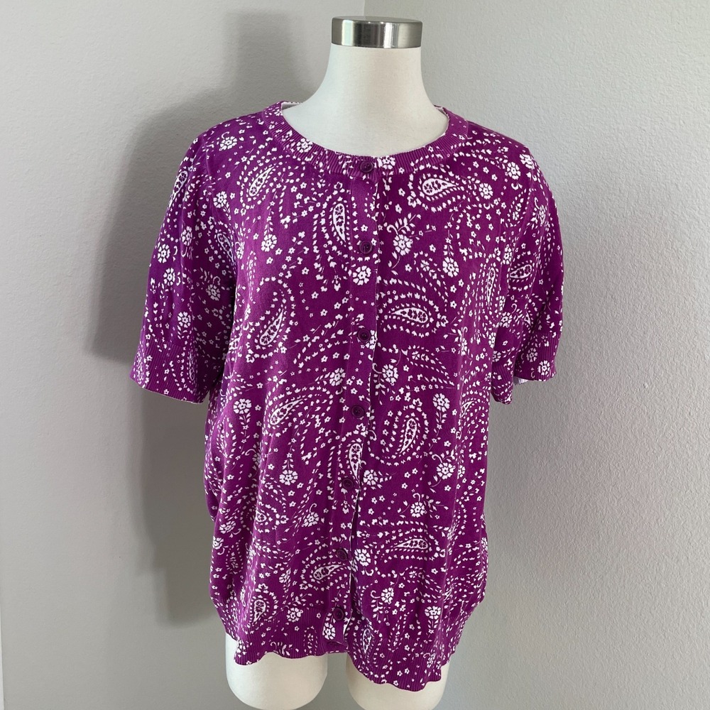 Woman Within Plus Size 14/16 Short Sleeve Button Up Cardigan Paisley Print Knit